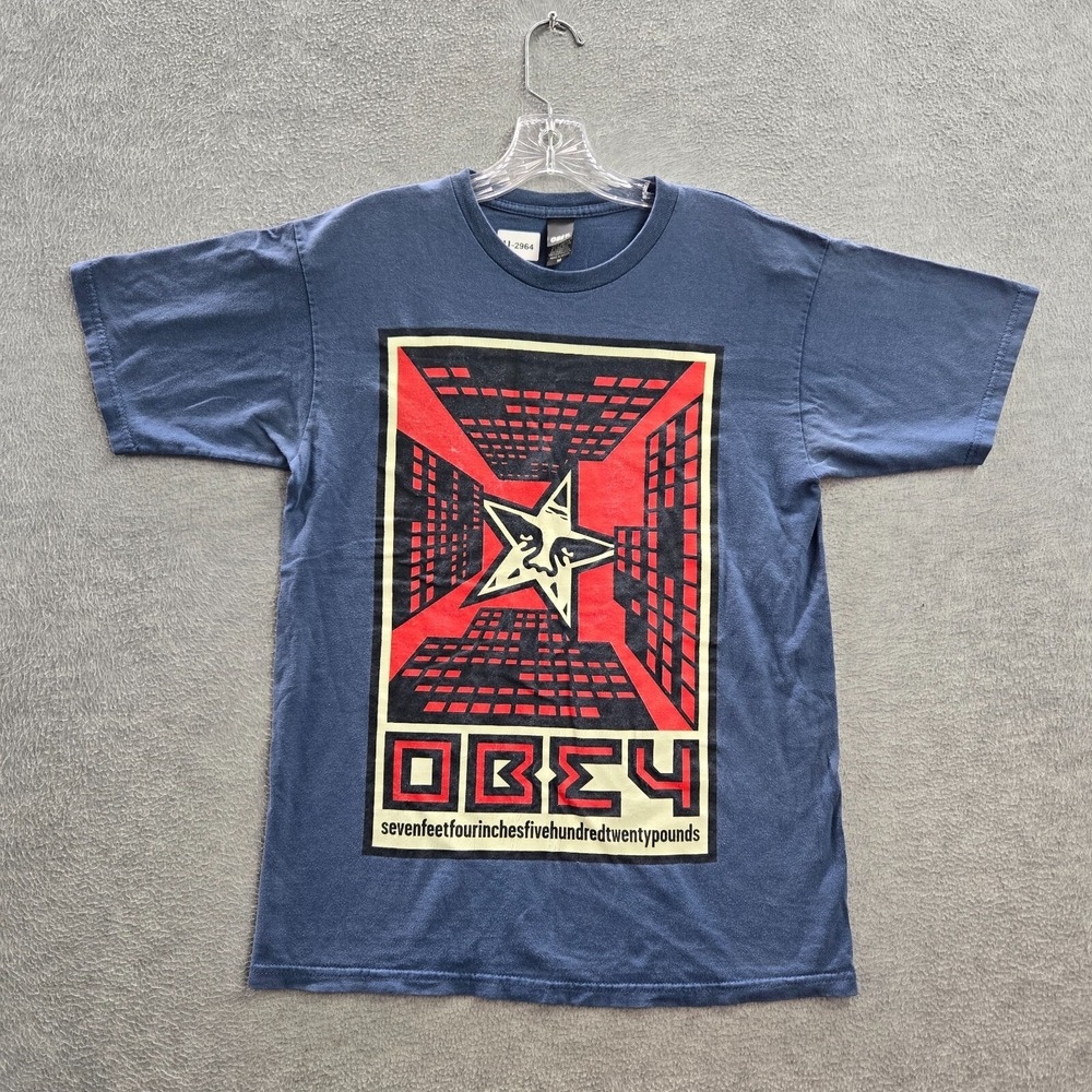 OBEY Men Shirt Medium Blue Logo Andre Star Y2K Streetwear Short Sleeve Tee